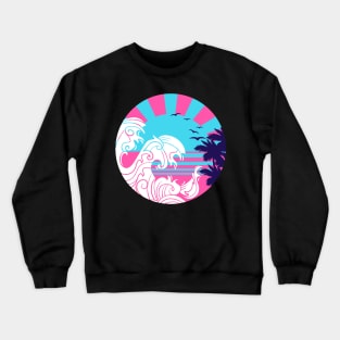 Japanese Vaporwave Neon Ocean Sunset with Palm Trees Crewneck Sweatshirt